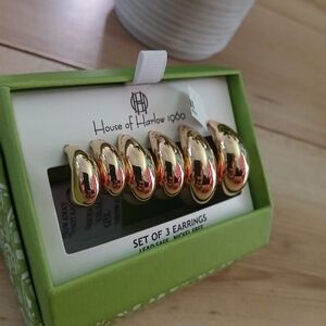 House of Harlow 1960 Gold Oval Earrings Trio! Brand New!